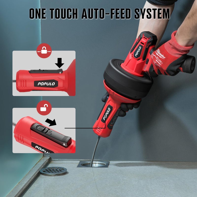 populo 12V Cordless Electric Drain Auger, Auto Feed Plumbing Snake Drain for Unclog Sink Drain 3/4"-2" Pipe, 16.8 FT Snake Hair Drain Clog Remover Cleaner Tools for Shower, Kitchen, Bathtub, Sink - Image 4